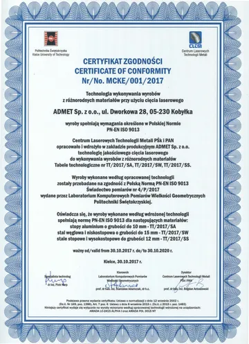 Certyfikat zgodności z normą PN-EN ISO 9013 – cięcie laserowe MCKE/001/2017